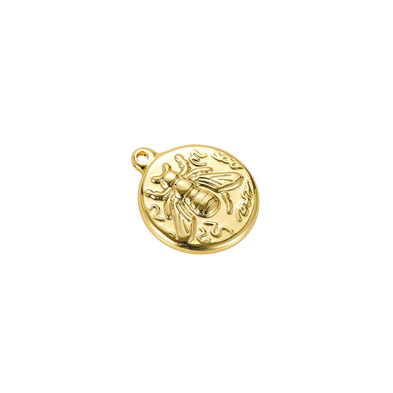 Pendant/ shiny coin with fly/ surgical steel/ gold 16mm 1pc ASS414KG2