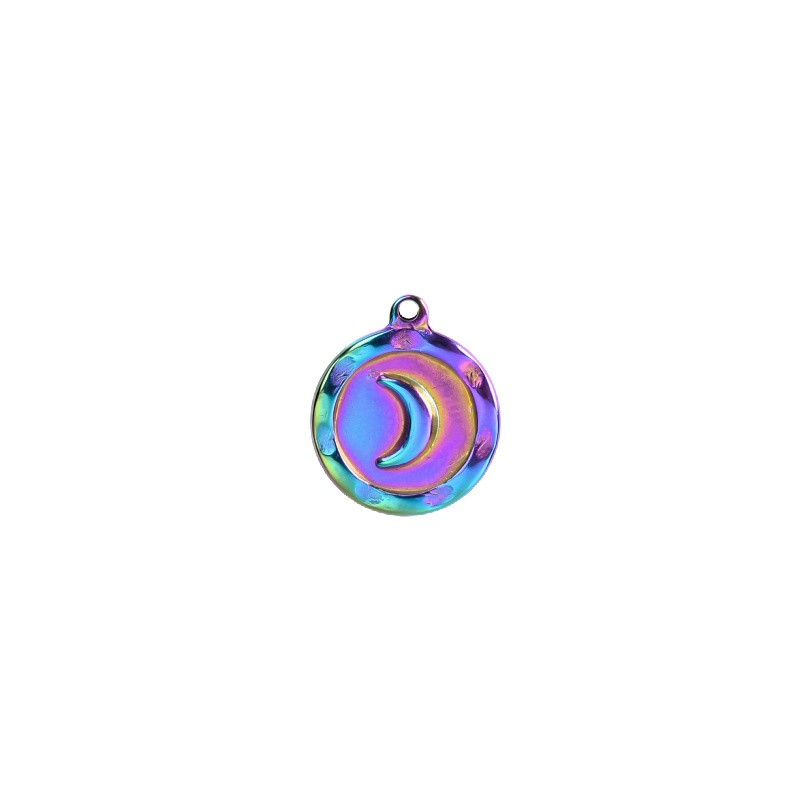 Rainbow coin pendant with moon / surgical steel 15.5mm 1 pc ASS568RB