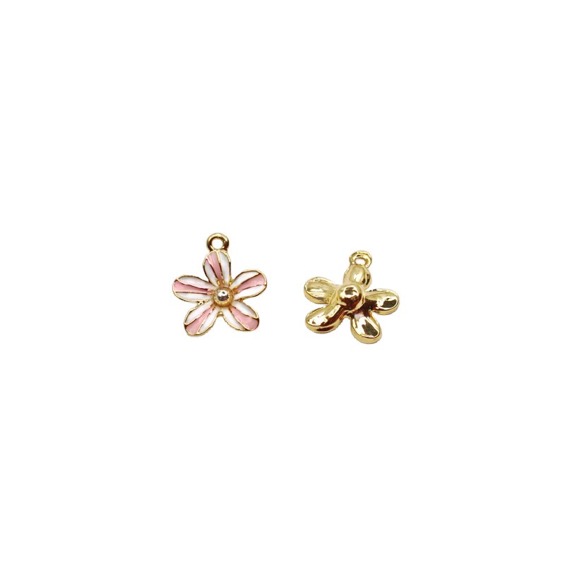 Flower pendant / pink and white enameled / gold 15x14mm 1 pc AKG976