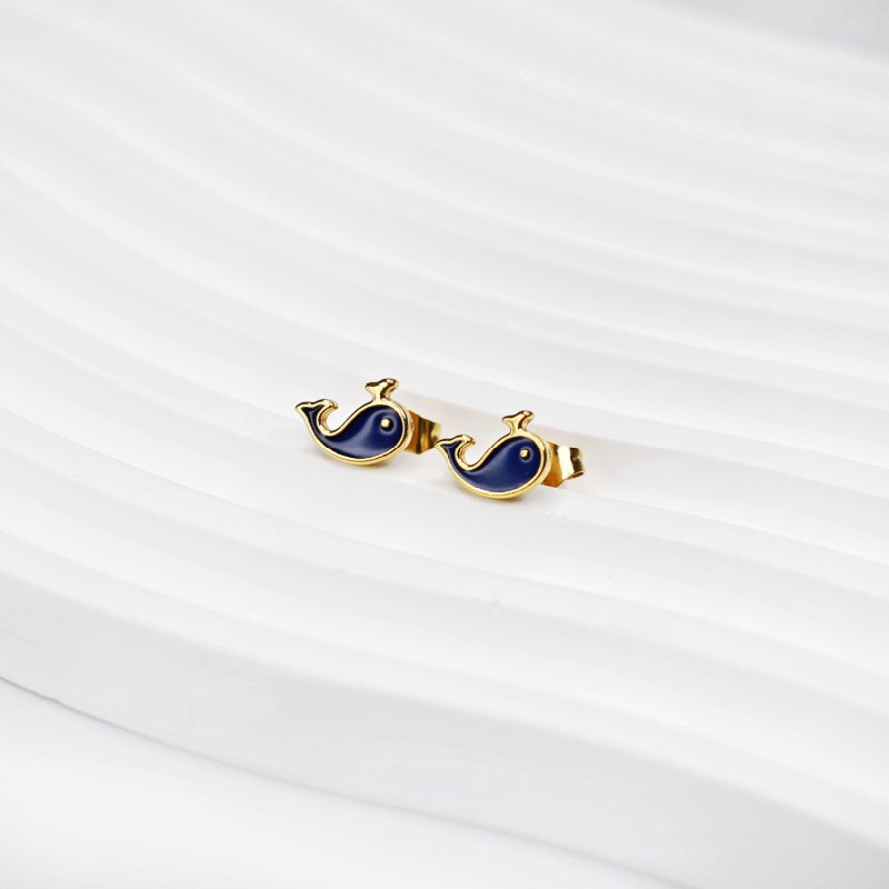Gold stud earrings/ enamel whale/ 316L surgical steel/ 2 pcs ASSE009