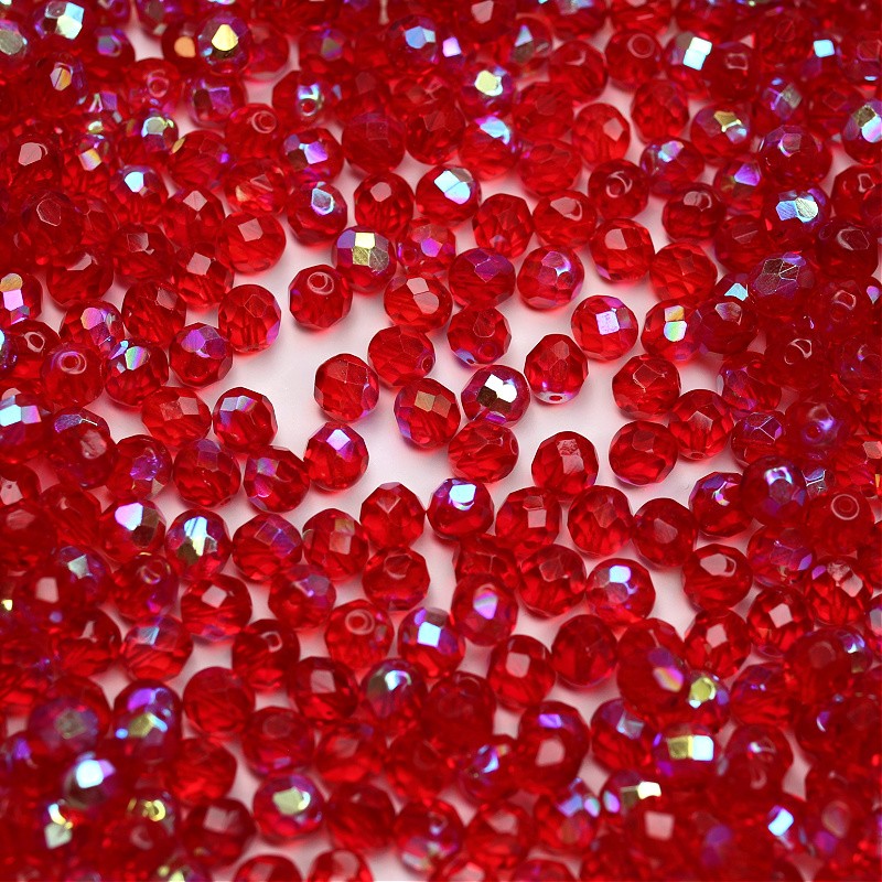 Czech beads / faceted balls 8 mm / Siam Ruby AB / 10 pcs / SZGBKF08-KO-X90080