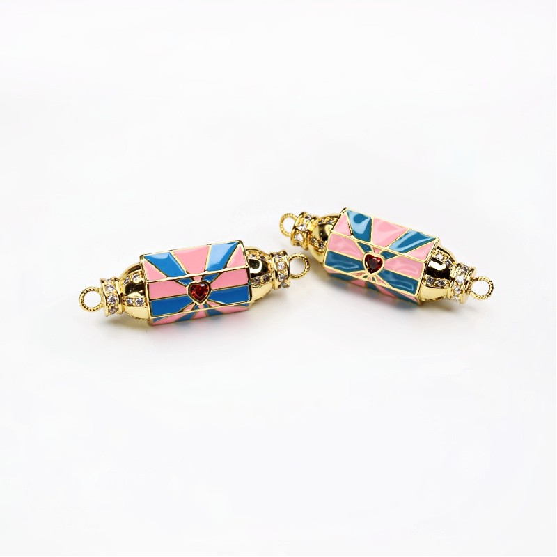 Enamelled connector/blue-pink with crystals/gold-plated 37.5x10.5mm 1pcs AKGP080A