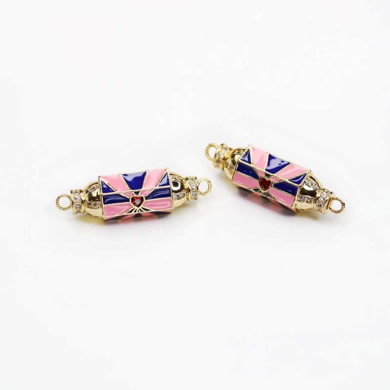 Enameled connector/navy blue and pink with crystals/gold-plated 37.5x10.5mm 1pcs AKGP080B