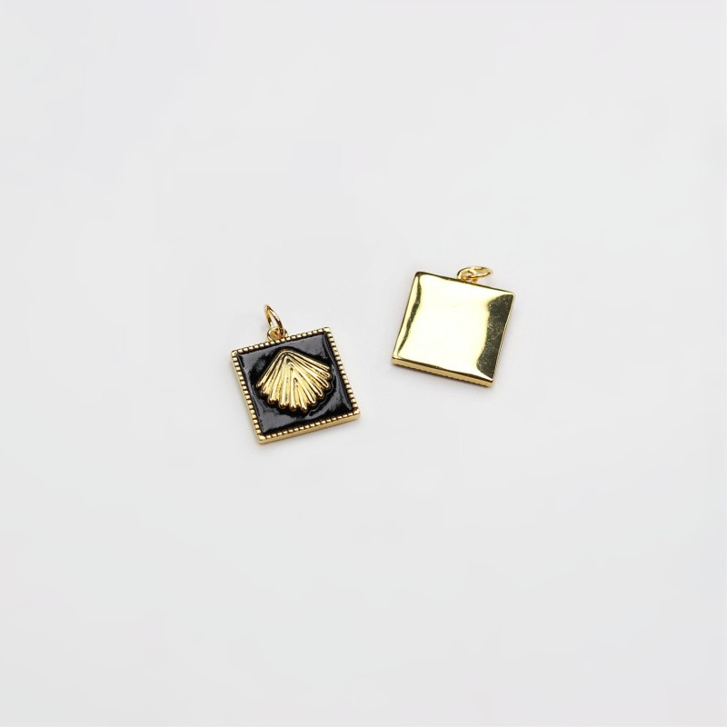 Enamelled square pendant/ scallop/ black gold-plated 16.4mm 1 pc AKGP014