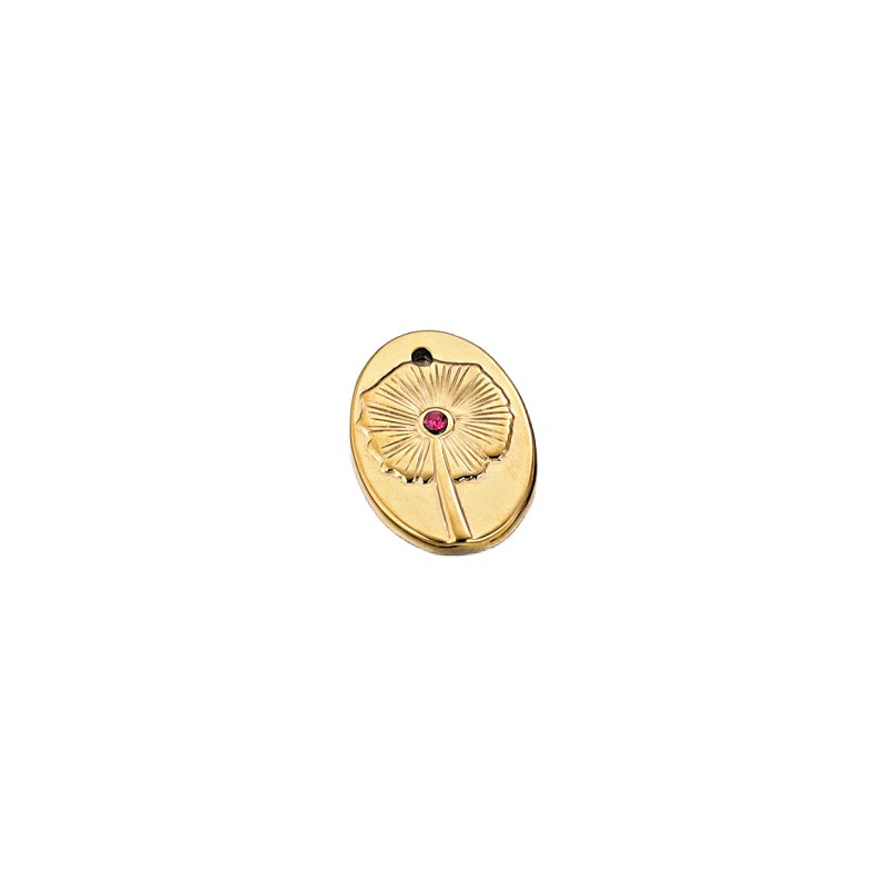 Oval gold pendant/ dandelion with fuchsia crystal/ surgical steel 20x14mm 1 pc ASS716KG1