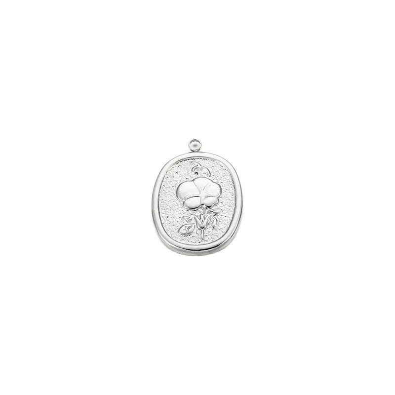Medallion pendant with a flower/ surgical steel/ platinum 21x15mm 1 pc ASS745