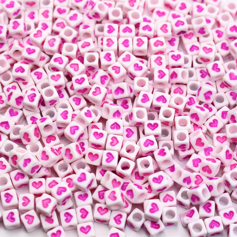 Acrylic cube beads / pink hearts 6 mm / 30 pcs. XYRZSER4