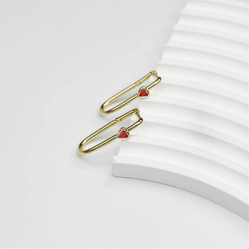 Ellipse earrings with red heart/gold-plated 32mm 1 pair AKGP131