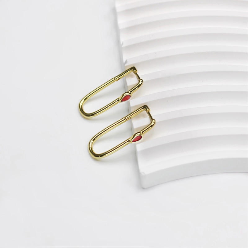 Ellipse earrings with red teardrop/gold-plated 32mm 1 pair AKGP132