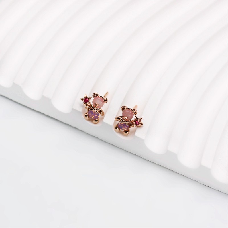 Bear stud earrings with a wand/with a plug/rose gold 10mm/ 1 pair AKGP134