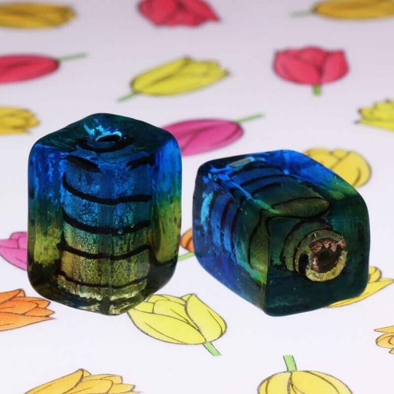 Cube of beads Venetian glass gold-blue 18x12x12mm 1pc SZWESC004