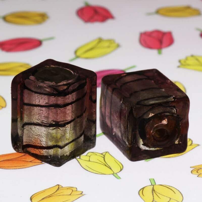 Cube of beads Venetian glass white-purple 20x16x16mm 1pc SZWESC025