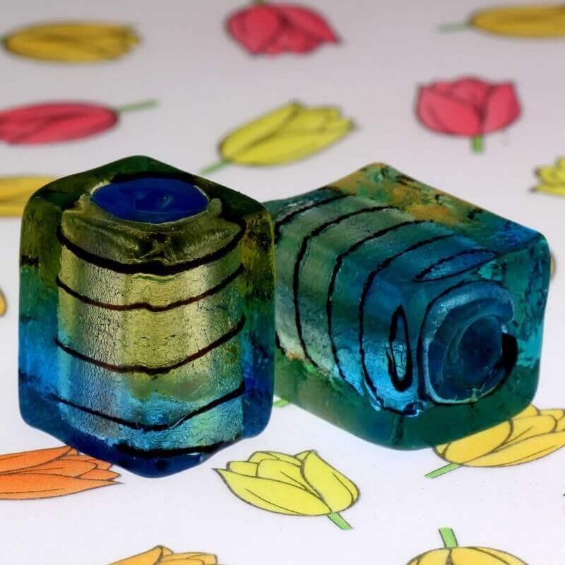 Cube beads Venetian glass cream-blue 20x16x16mm 1pc SZWESC039