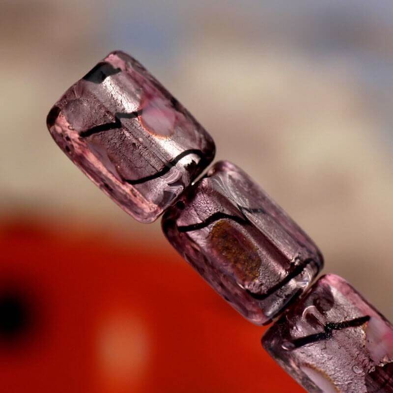 Koraliki szkło weneckie sześcian z różą fioletowe 16x8x8mm 1szt SZWESCR006