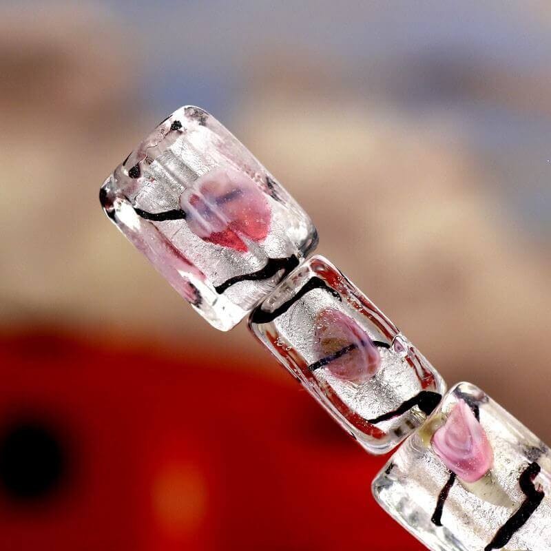 Koraliki szkło weneckie sześcian z różą białe 16x8x8mm 1szt SZWESCR007