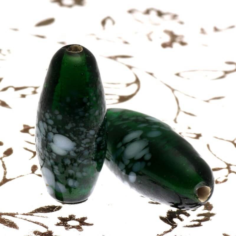 Spindle beads green flecked glass lampwork 21x10mm 2pcs SZLAWR005
