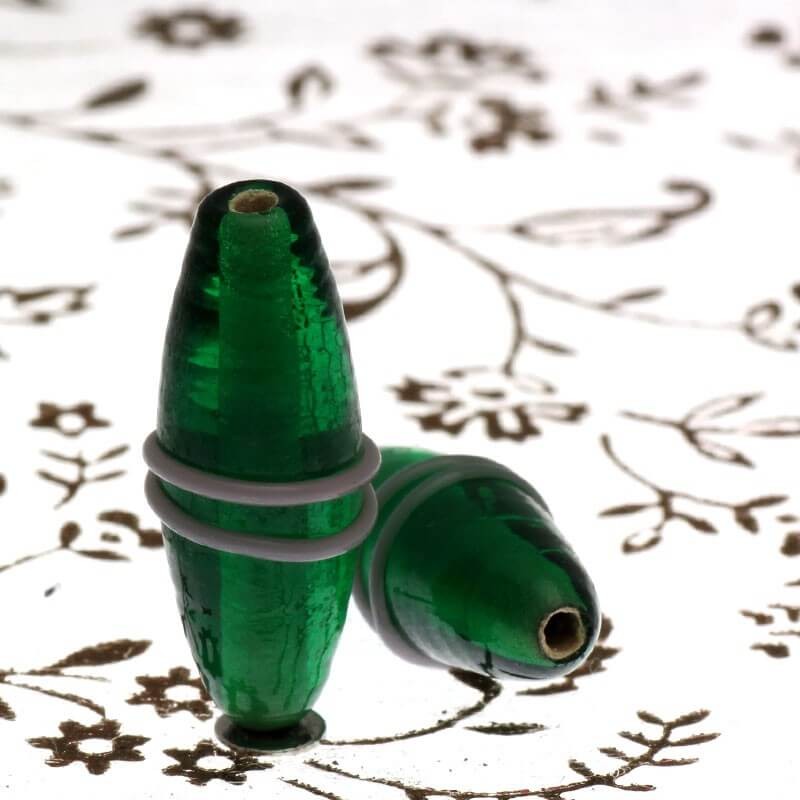 Spindle beads with a band bottle green glass lampwork 22x10mm 2pcs SZLAWR014