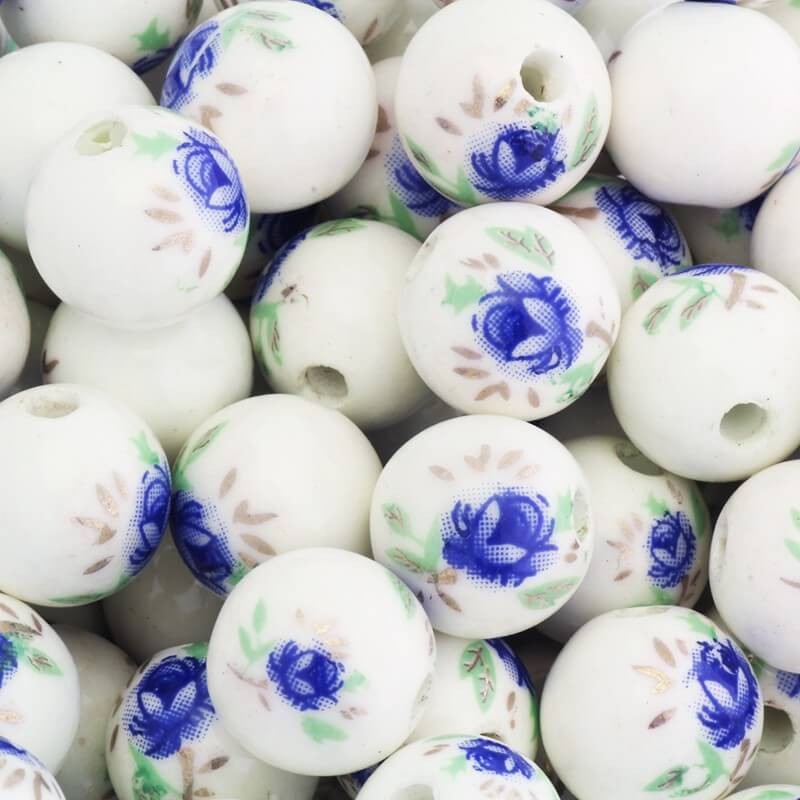 Kulka ceramiczna w kwiatki niebieska 12mm 1szt CKU12KWA01
