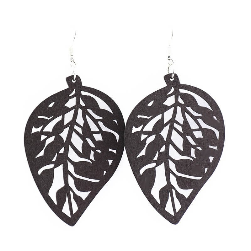 Wooden earrings, openwork leaf D022