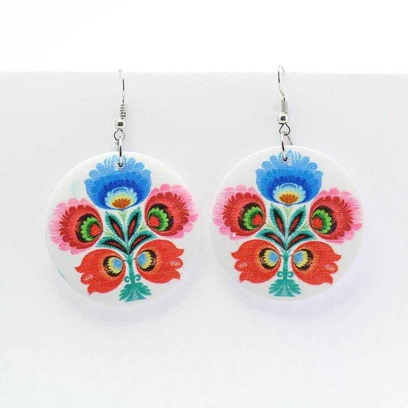 Double-sided wooden earrings with colorful painted Łowicz pattern DK021