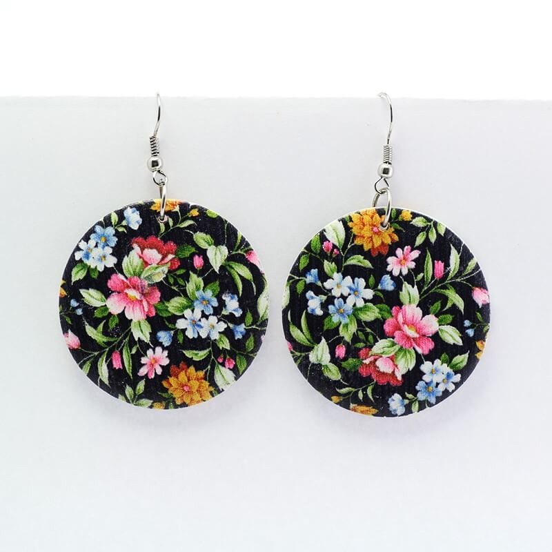 Double-sided wooden earrings with colorful painted link on a black background DK022