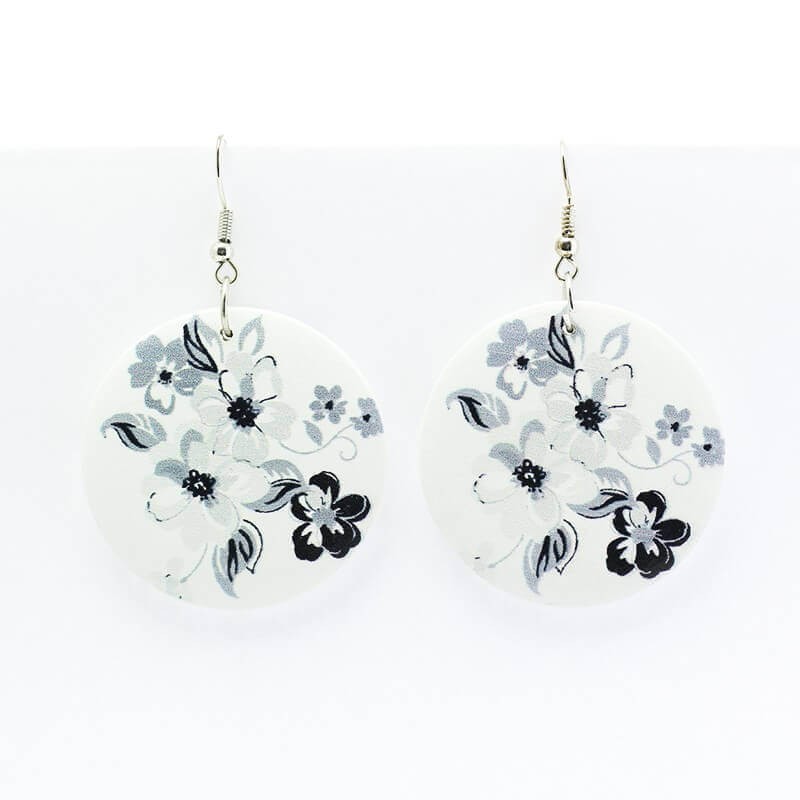 Double-sided wooden earrings painted with navy blue and gray flowers on a white background DK019