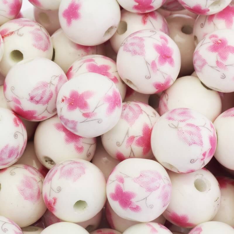 Ceramic ball with pink flowers 12mm 1pc CKU12KWA03