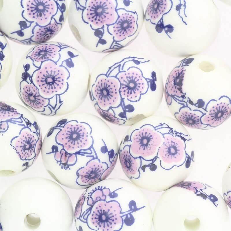 Ceramic ball with flowers 14mm navy blue violet 1pc