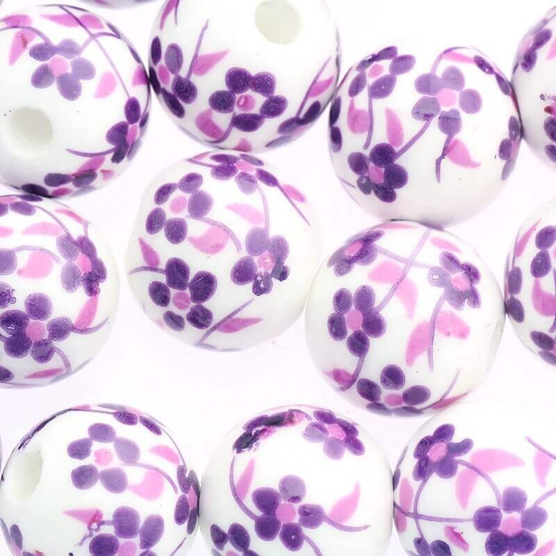 Ceramic beads with flowers 16mm purple 1pc CKU16KW01