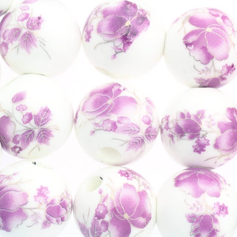 Kulka ceramiczna w kwiatki 16mm różowe fioletowe 1szt CKU16KW09