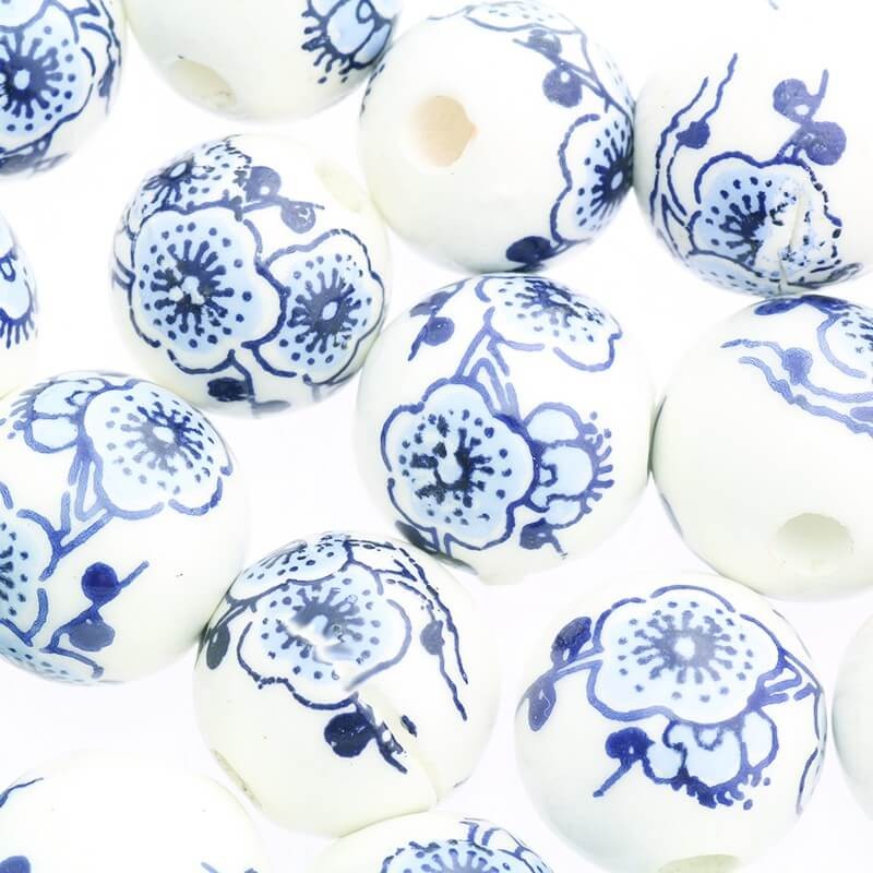 Ceramic ball with flowers 16mm blue navy blue 1pc CKU16KW10
