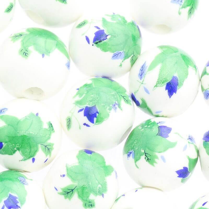 Kulka ceramiczna w kwiatki 16mm zielone niebieskie 1szt CKU16KW18