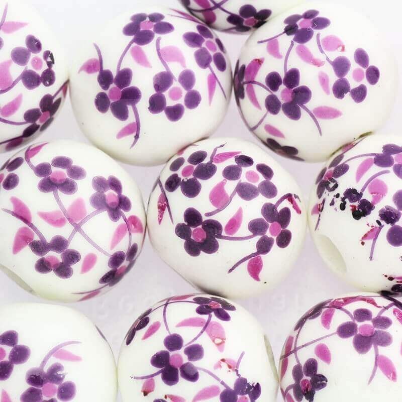 Kulka ceramiczna w kwiatki 18mm fioletowe 1szt CKU18KW01