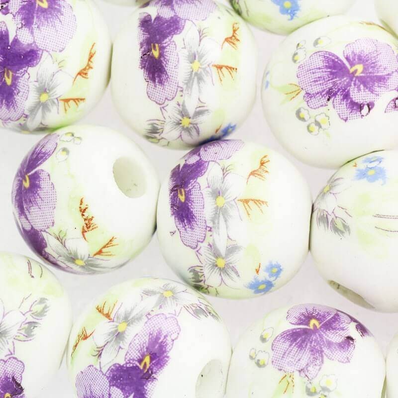 Ceramic ball with flowers 18mm purple 1pc CKU18KW16