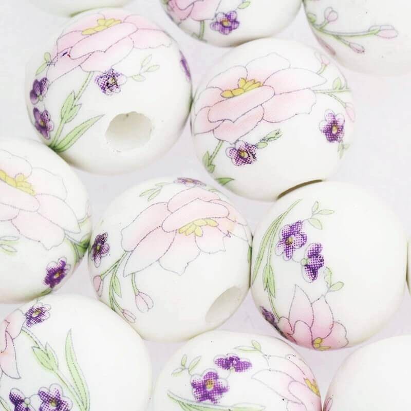 Ceramic ball with flowers 18mm pink 1pc CKU18KW15
