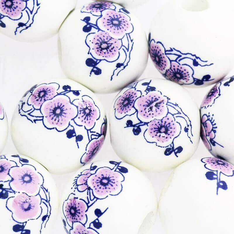 Ceramic ball with flowers 18mm purple violet 1pc CKU18KW11
