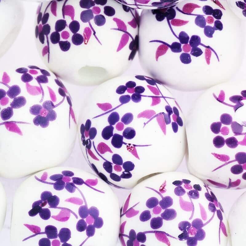 Kulka ceramiczna w kwiatki 20mm fioletowe 1szt CKU20KW02