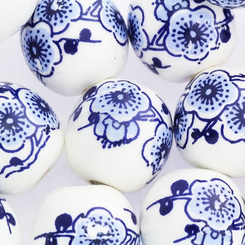 Ceramic ball with flowers 20mm blue navy blue 1pc CKU20KW10