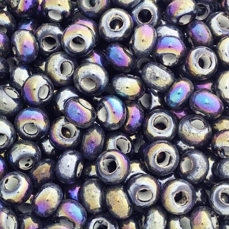 Ceramic modular bead 15mm black rainbow gloss 2pcs CPAN15S17