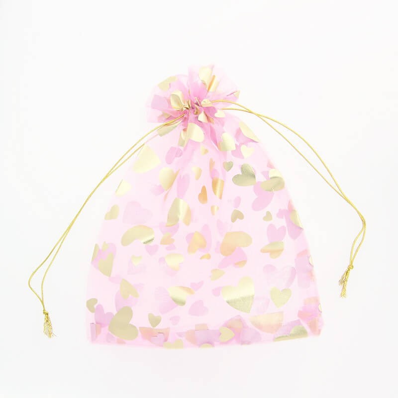Organza bag Pink with gold hearts 13 x 18 cm 1pc ORGROZ13G