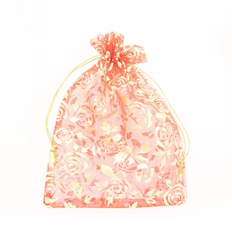 Organza bag Red with golden roses 13 x 18 cm 1pc ORGCZER13B