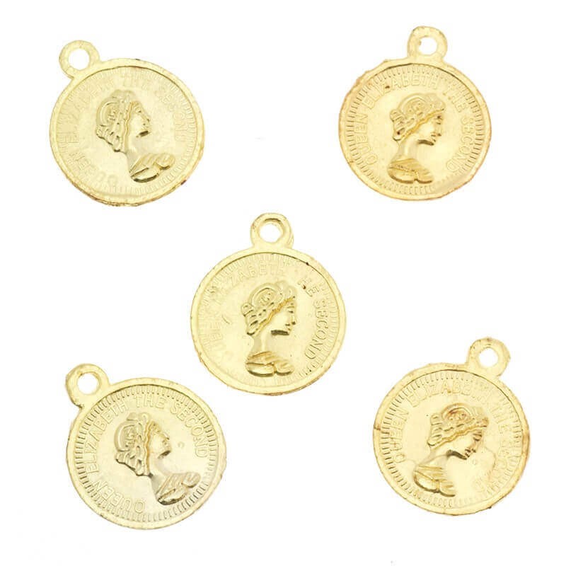Queen Elizabeth coin pendant, gold color, 17x14x1mm, 4pcs AAG019