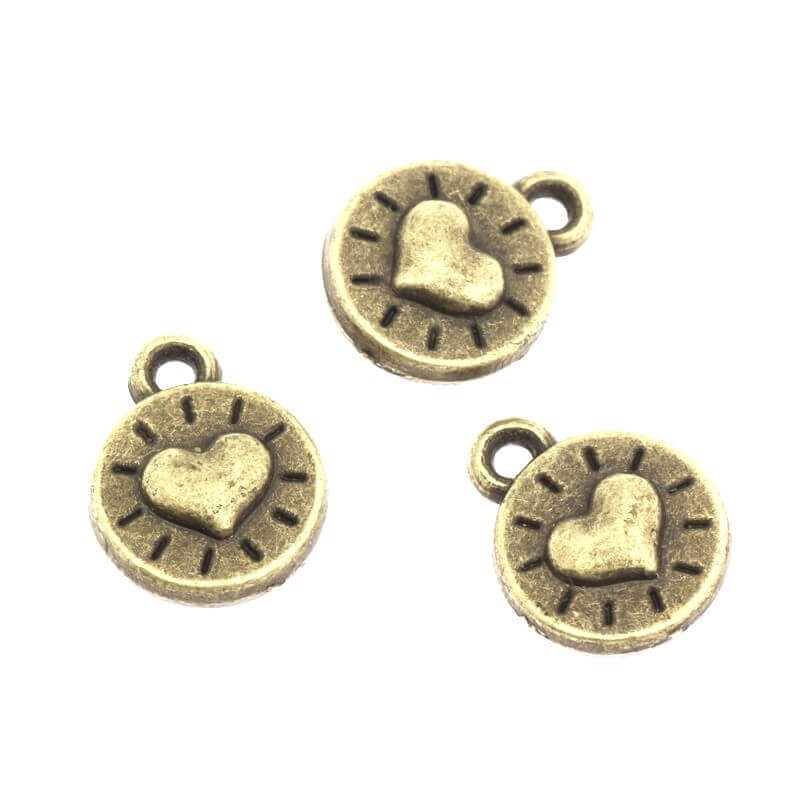 Charms coin heart antique bronze 10x8mm 3pcs AAB126
