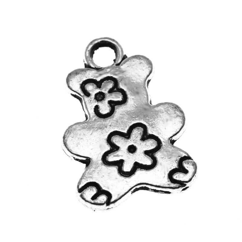 Teddy bear pendant with flowers, oxidized silver 18x12x2mm, 2 pieces AAS005