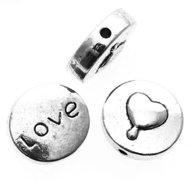 Antique silver LOVE coin bead 14x5mm AAS088