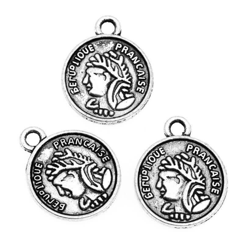 Coin pendant with a head, oxidized silver, 17x13.5x1.5mm, 4 pcs AAS246