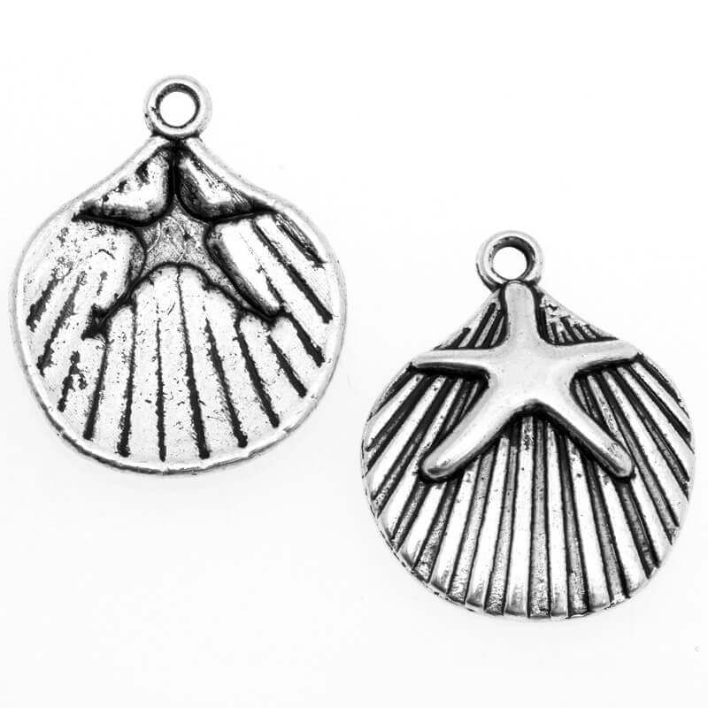 Shell pendant with a starfish, oxidized silver 22x18x3mm, 2pcs AAS249