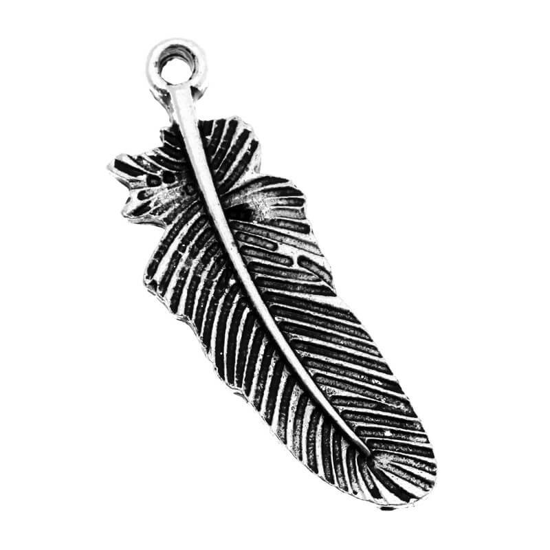 Feather charm pendant, silver oxidized, 31x11x2mm, 2pcs AAS293