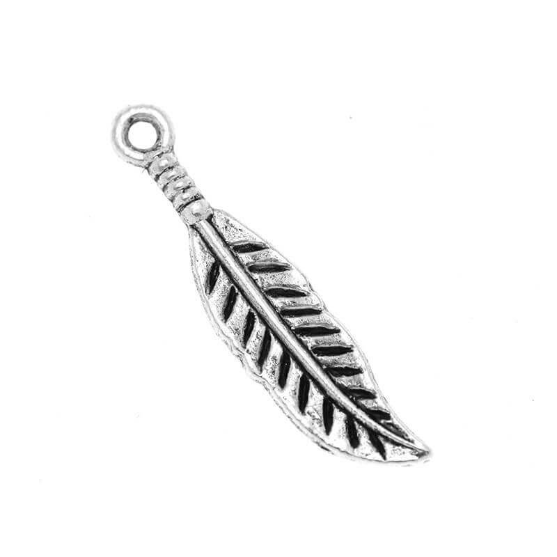 Feather charm pendant, silver oxidized, 31x8x2mm, 4pcs AAS421