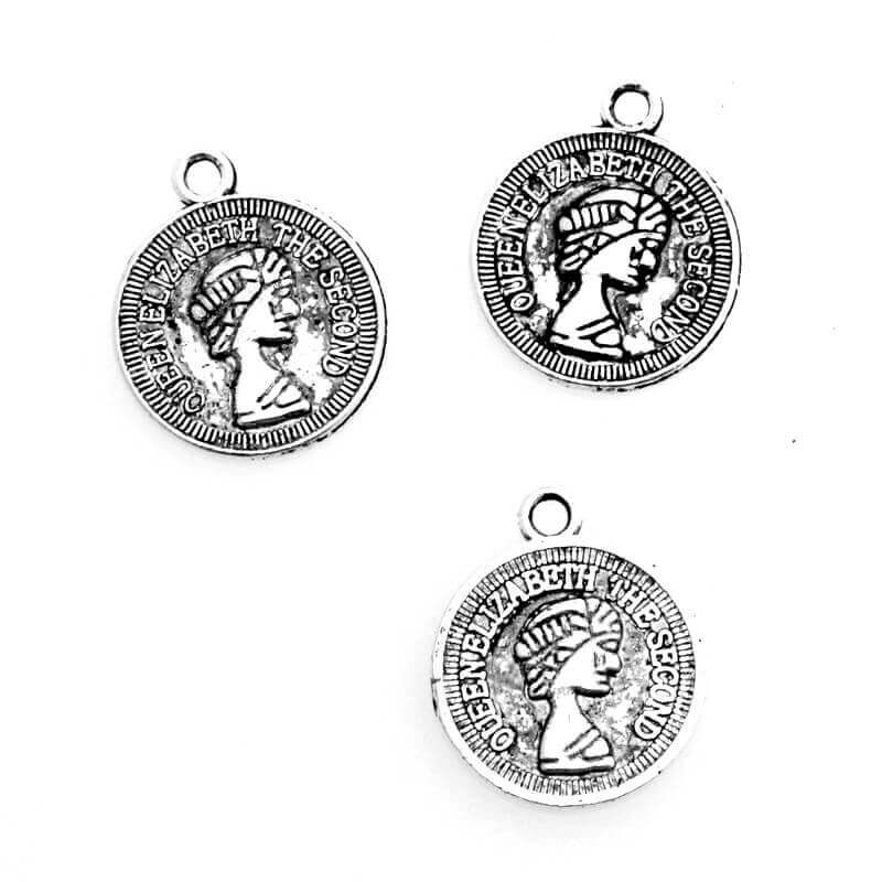 Charms monetka dwustronna z królową Elżbietą II oksydowane srebro 18x15x1.2mm 4szt AAS377